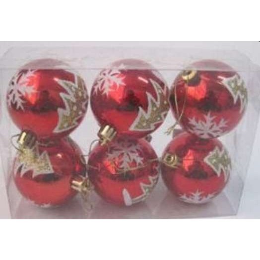 Set 6 globulete rosu cu bradulet si fulg de nea - shiny