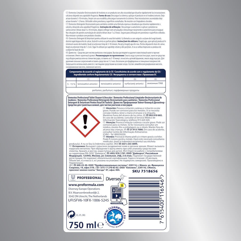 Pachet Domestos Professional Toilet Cleaner & Descaler – Detartrant pentru Toaleta, 6×0,75 L