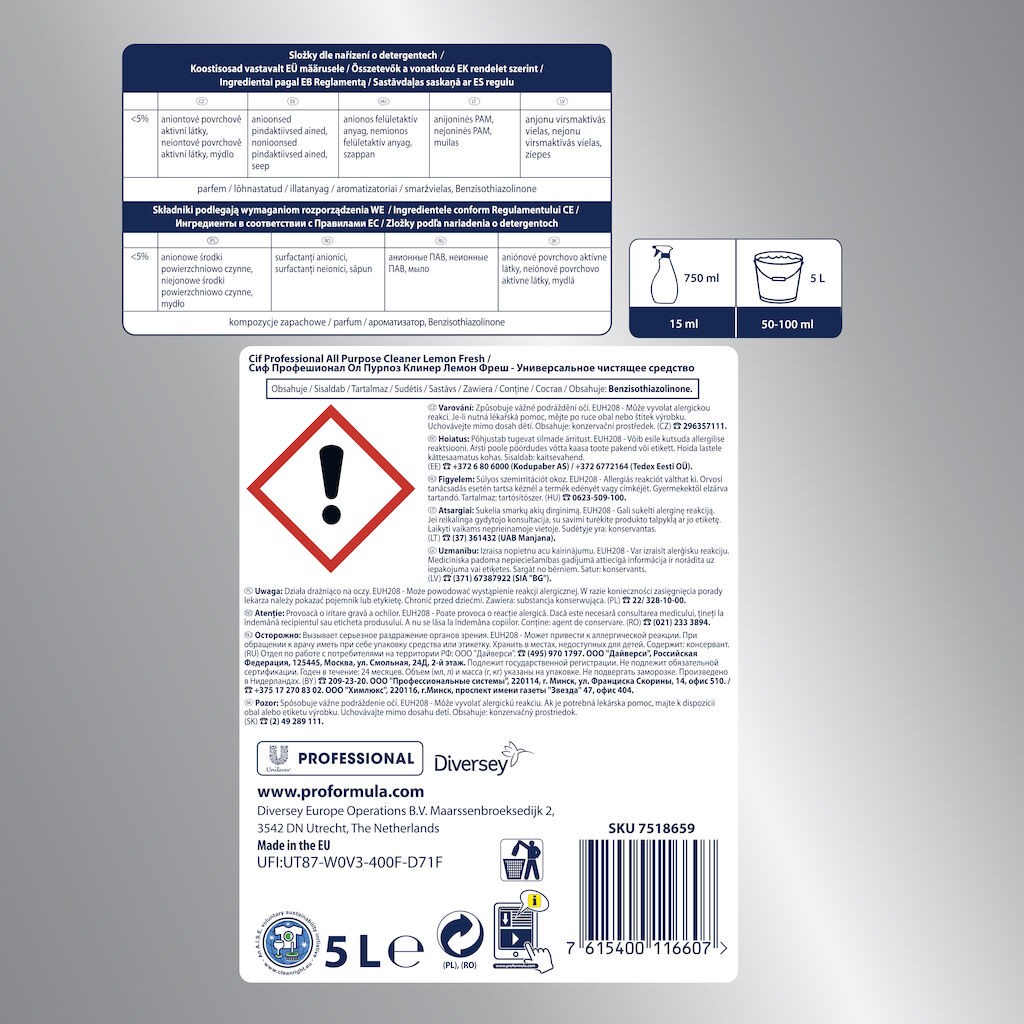 Pachet CIF Professional APC Lemon Fresh – Detergent Universal, Parfum de Lamaie, 2×5 L