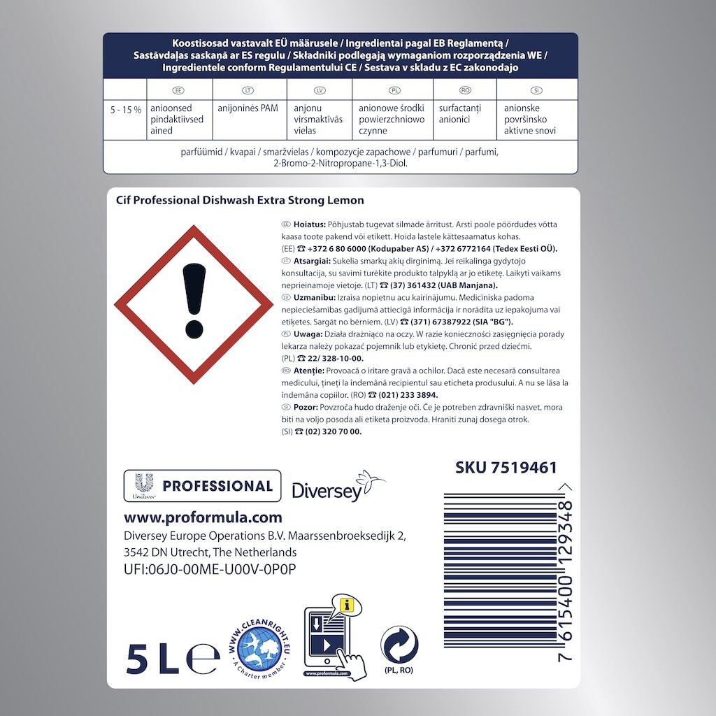 Pachet CIF Professional Dishwasher Extra Strong Lemon – Detergent pentru Spalarea Manuala a Vaselor, cu Lamaie, 2×5 L