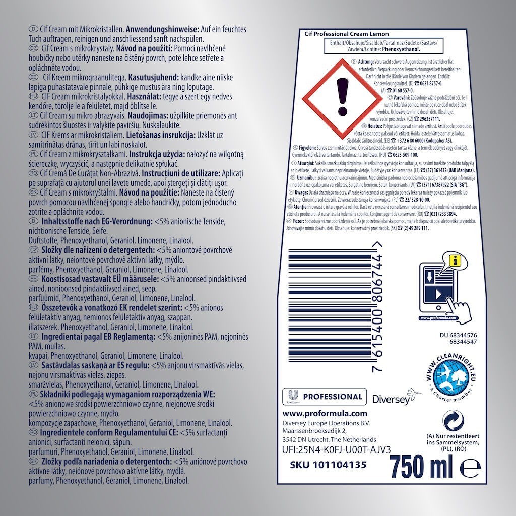 CIF Professional Cream Lemon – Crema de Curatare Non-Abraziva cu Lamaie 0.75 L