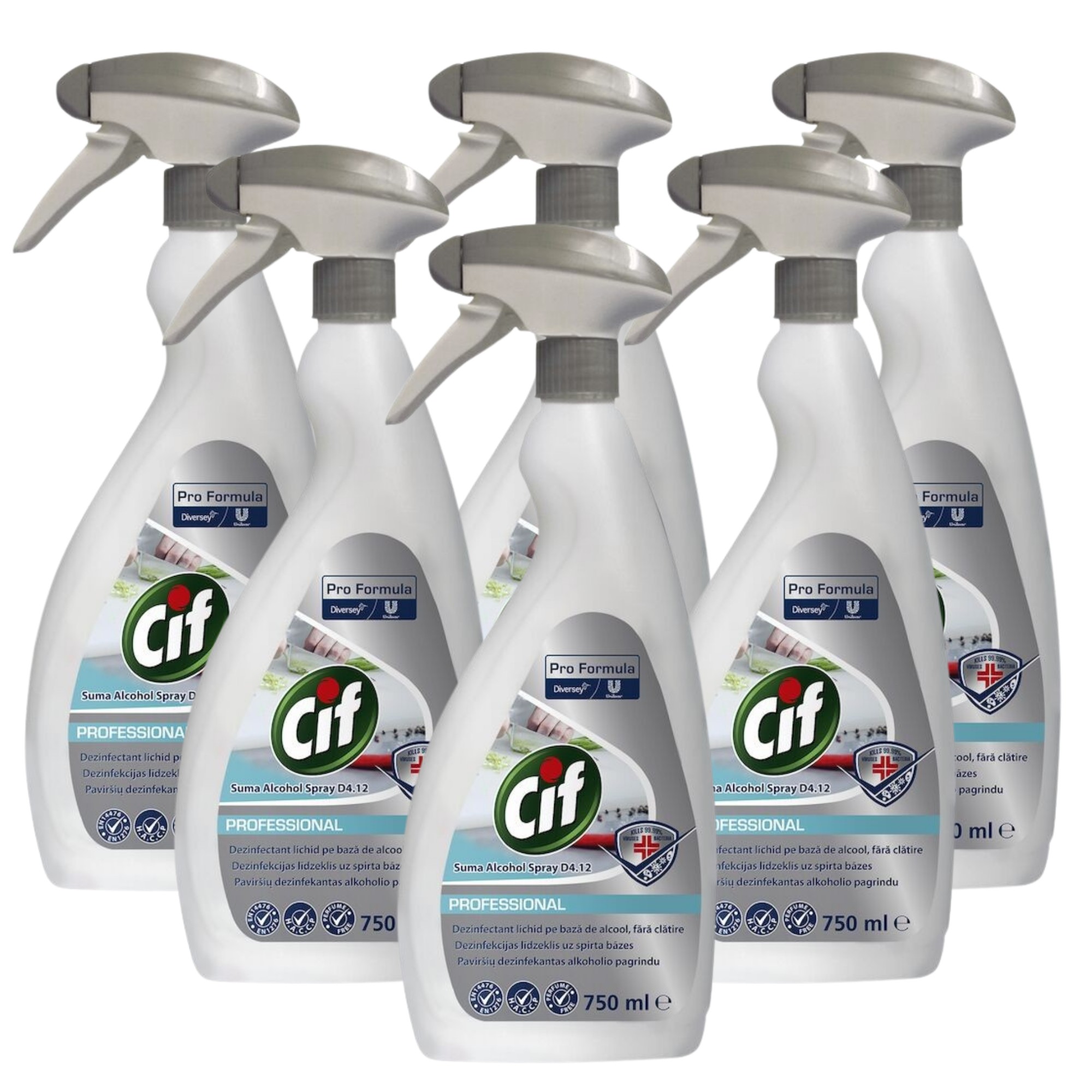 Pachet CIF Professional Alcohol Spray, Dezinfectant Lichid pe baza de Alcool, Fara Clatire, 6×0.75 L