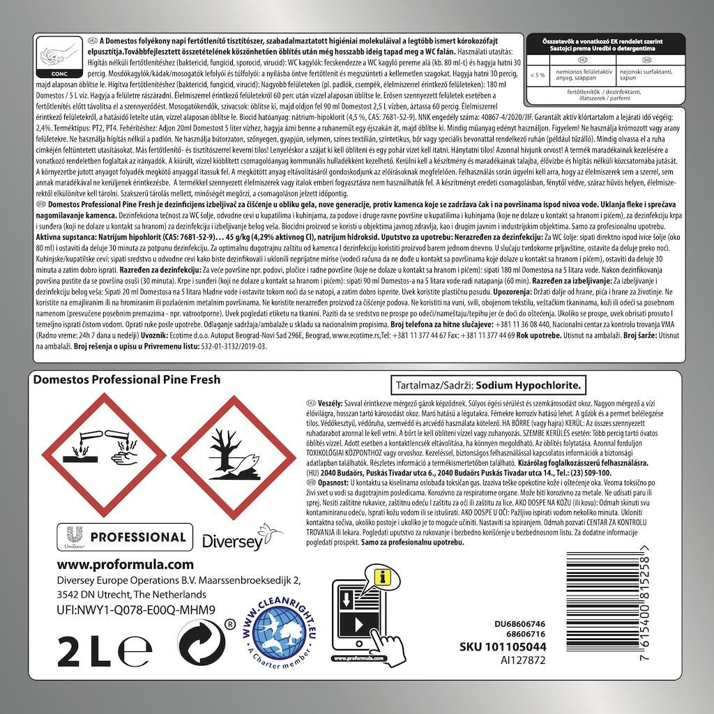 Domestos Professional Pine Fresh – Detergent Lichid Dezinfectant, 2 L