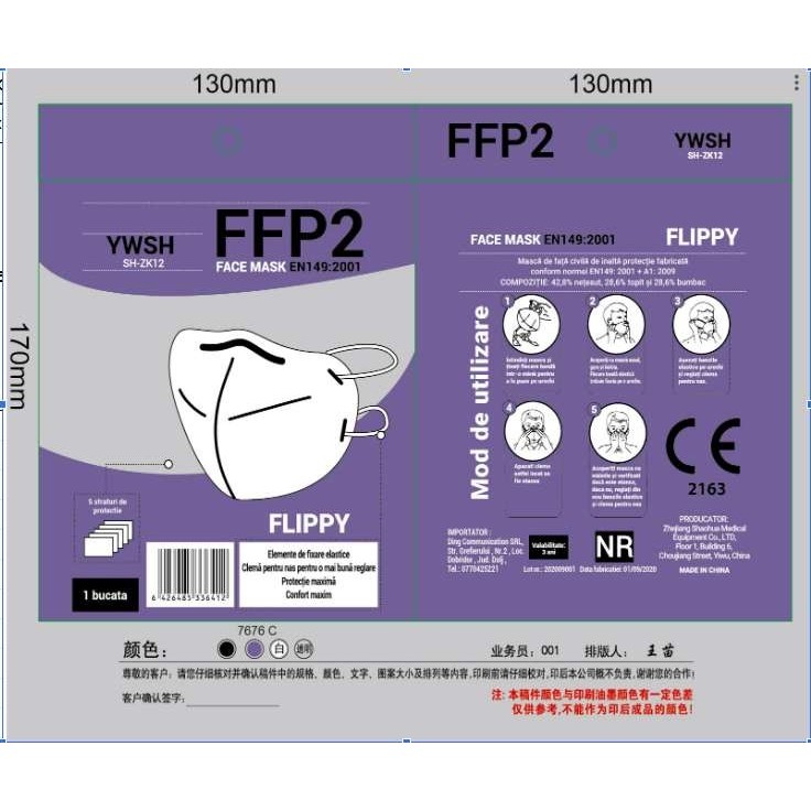 Masca de protectie FFP2, 5 straturi, CE-2163, 2 buc